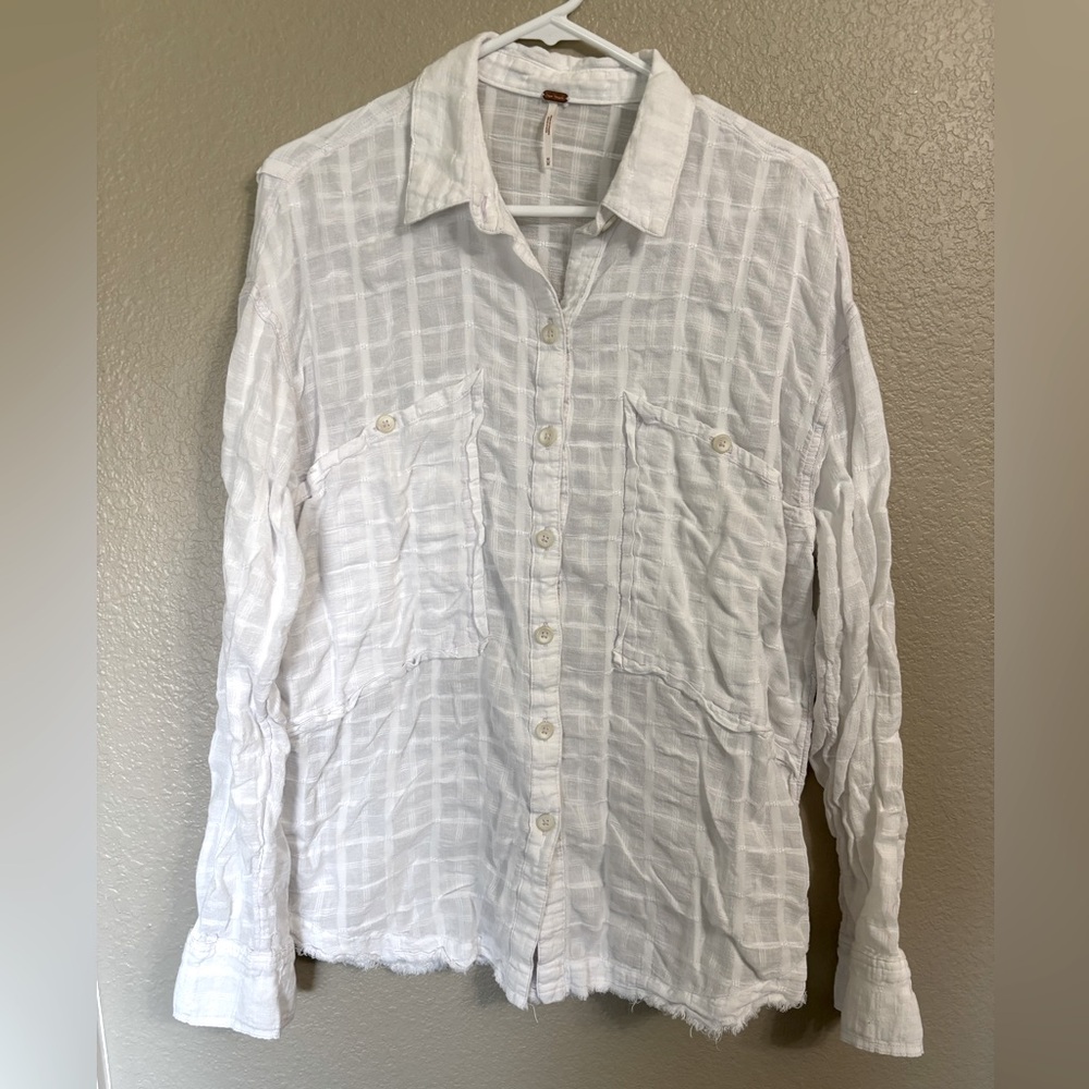 Free People Raw Edge White Textured Blouse